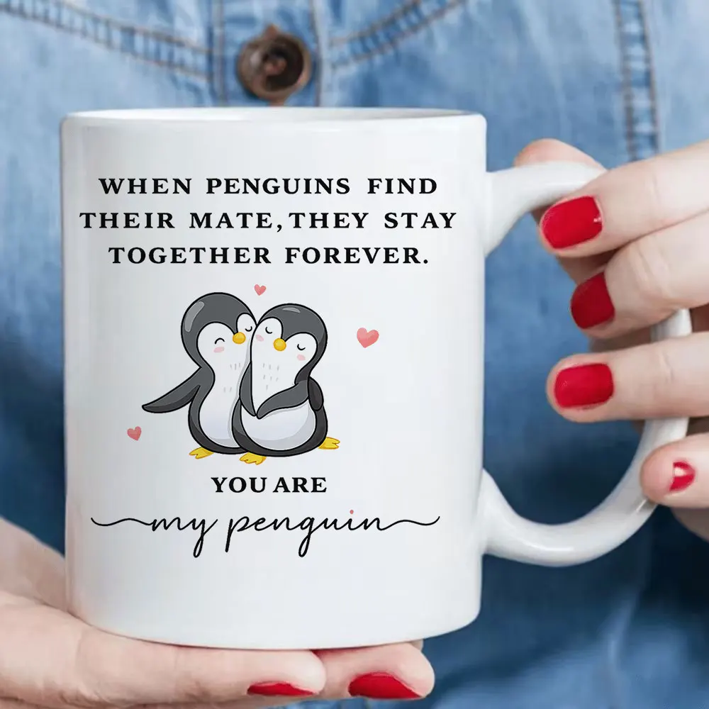 11oz Ceramic Coffee Mug with Cute Penguin Couple Print Valentine's Day and birthday Holiday Present Home Use Christmas Ceramic M