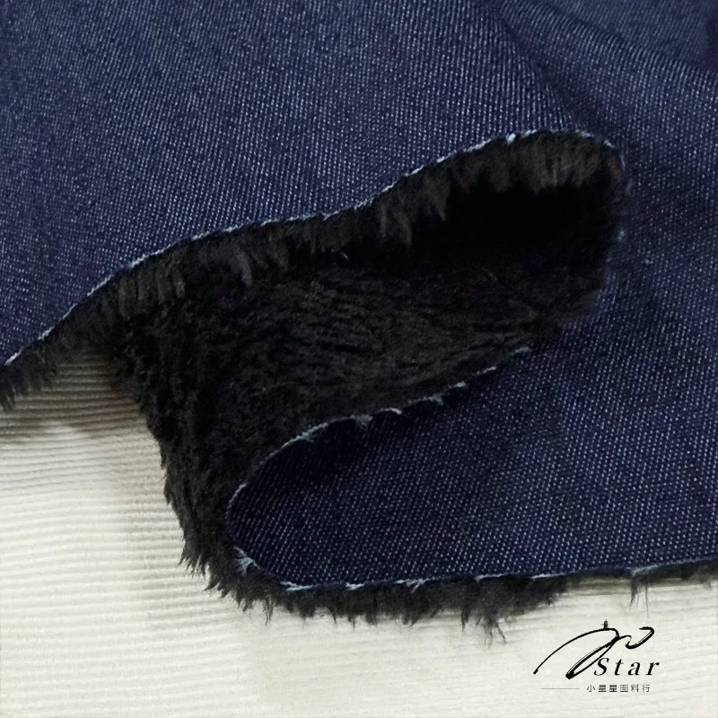 1Meter Navy blue cotton denim seamless integrated velvet fabric plus velvet warm jacket and vest fabric