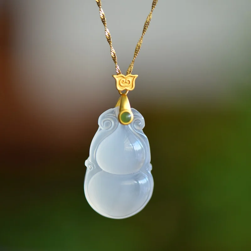 Certificate Included Ice White Chalcedony Gourd Pendant New Chinese Ancient Style Necklace 925 Sterling Silver Jadeite Cla