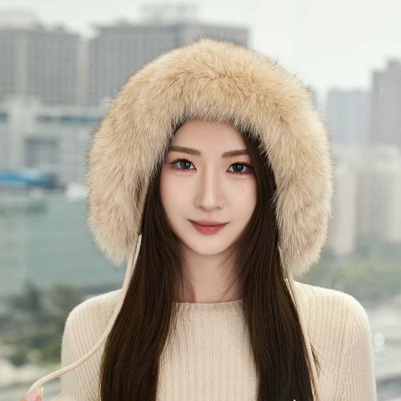 

Высококачественная шапка из 100% кашемира, вязаная шапка Lei Feng с защитой лисьего меха, милая меховая шапка, женская осенне-зимняя толстая шапка