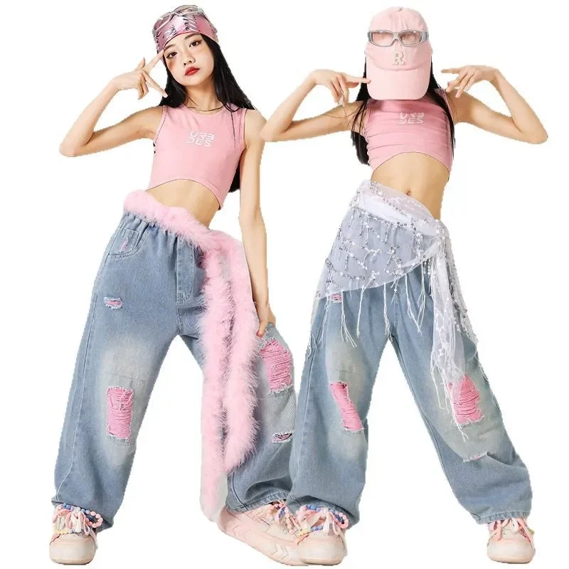 Fashion Clothes Kid Street Dance Wear Jazz Dance Performance Costume Girl Kpop Stage Outfit Pink Vest Loose Jeans Summer