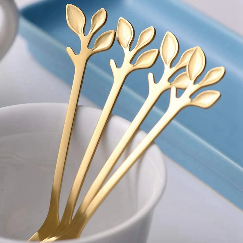 Dessert Spoon Fork Set,40 Pcs 4.7 Inch Cake Fork,Coffee Spoon,Creative Gold Leaf Fruit Fork,(10 Spoon + 10 Fork)