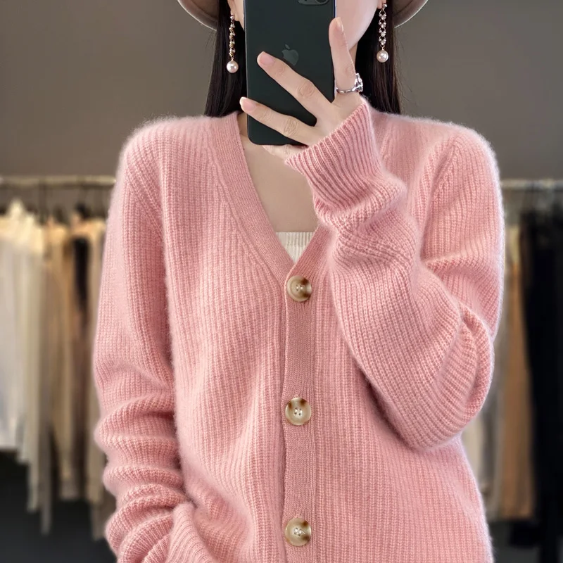 Cardigan classique en laine tricoté pour femme, pull à manches longues et col rond avec boutons, doux, de haute qualité, automne et hiver