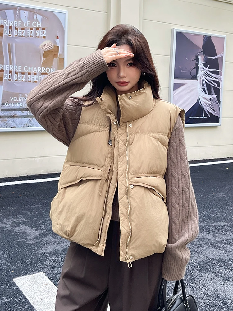 Autumn Winter Stand Collar Warm Down Vest Women White Duck Down Waterproof Vests Female Zipper Quilted Sleeveless Waistcoat Coat
