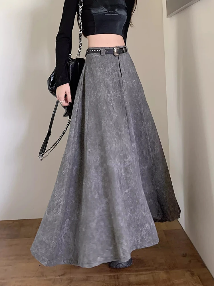 New Women Spring Autumn Tie-dyes Skirt Fashion High Waist A-Line Ankle-Length Skirt Casual Loose Gray Long Dress