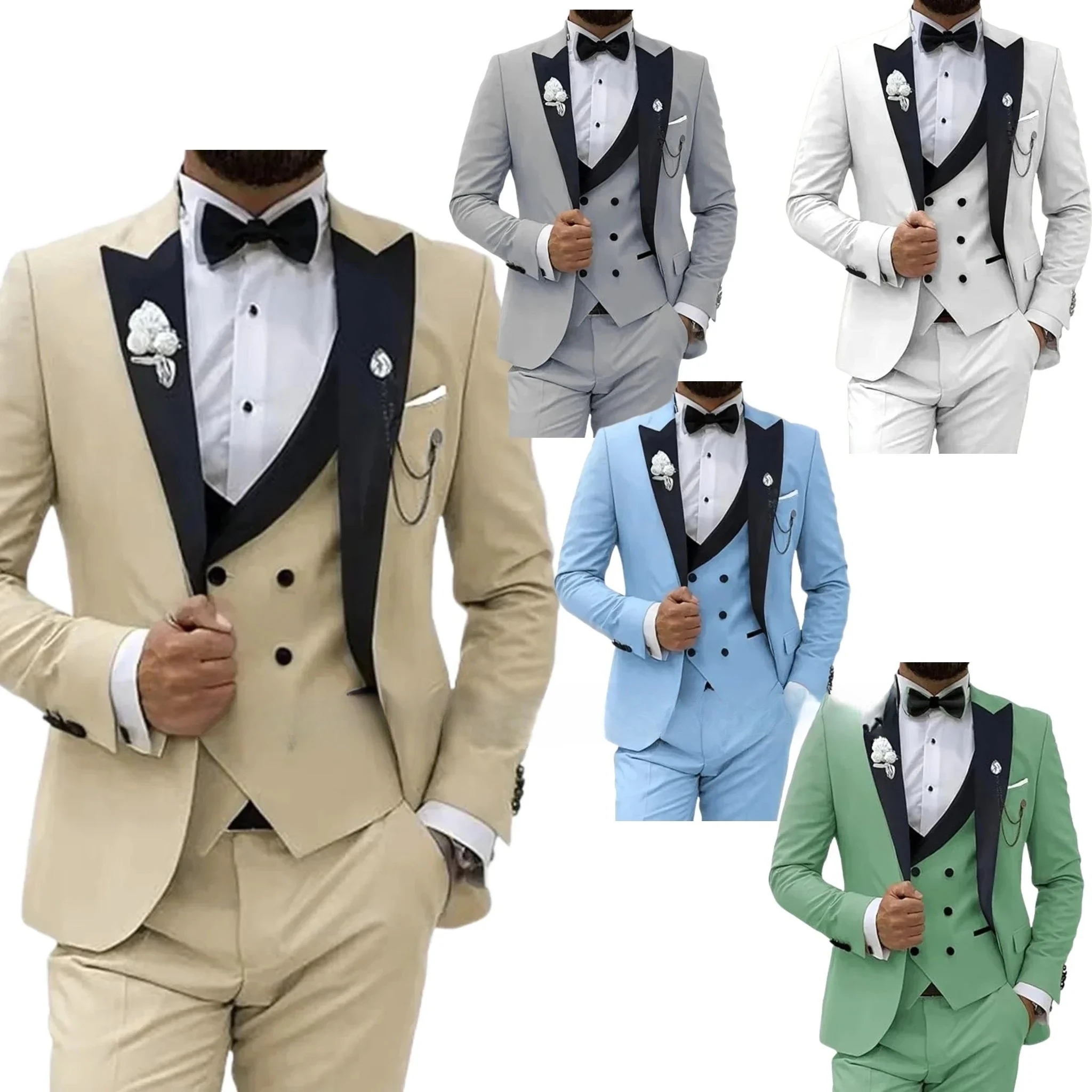 بدلات رجالية أنيقة طقم سهرة أنيق فساتين زفاف عادية الأعمال 3 قطع سترة وسراويل مجموعة الذروة التلبيب