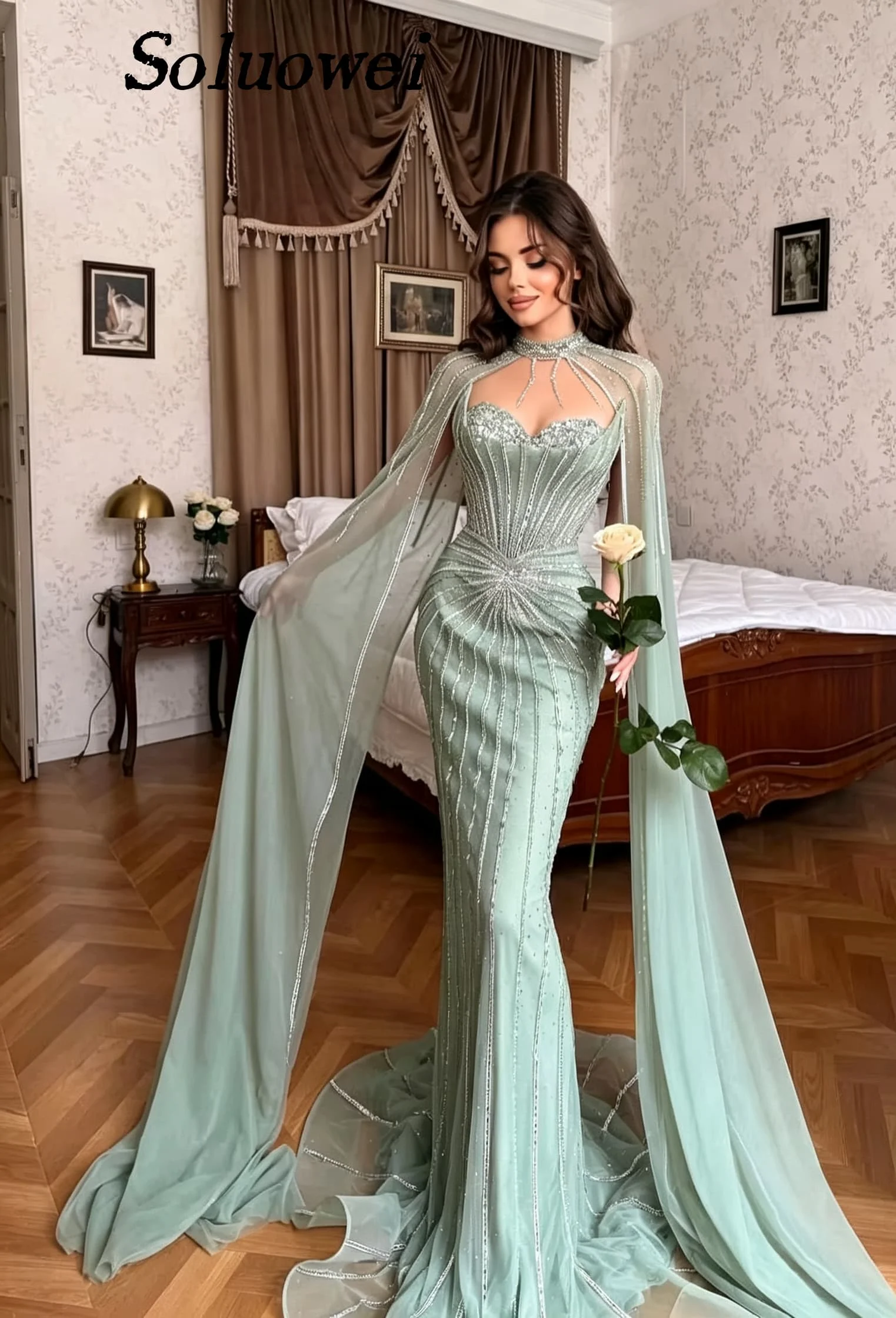 Luxury Rhinestone Beaded Prom Dresses With Cape Sleeves Sweetheart Cut Floor Length Evening Gowns Maxi Gala Vestidos Customized