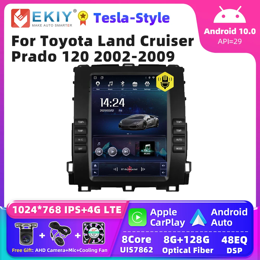 EKIY Tesla Android 10 Car Radio For Toyota Land Cruiser Prado 120 2002-2009 Multimedia Video Player Carplay DSP Auto No DVD