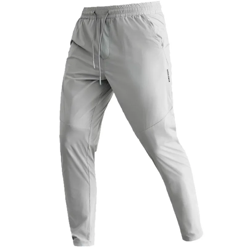 Ice Silk Thin Sports Long Pants Men Slimming Elastic Quick-drying Taping Legs Small Pants Running Zipper Pocket Fitness Pants