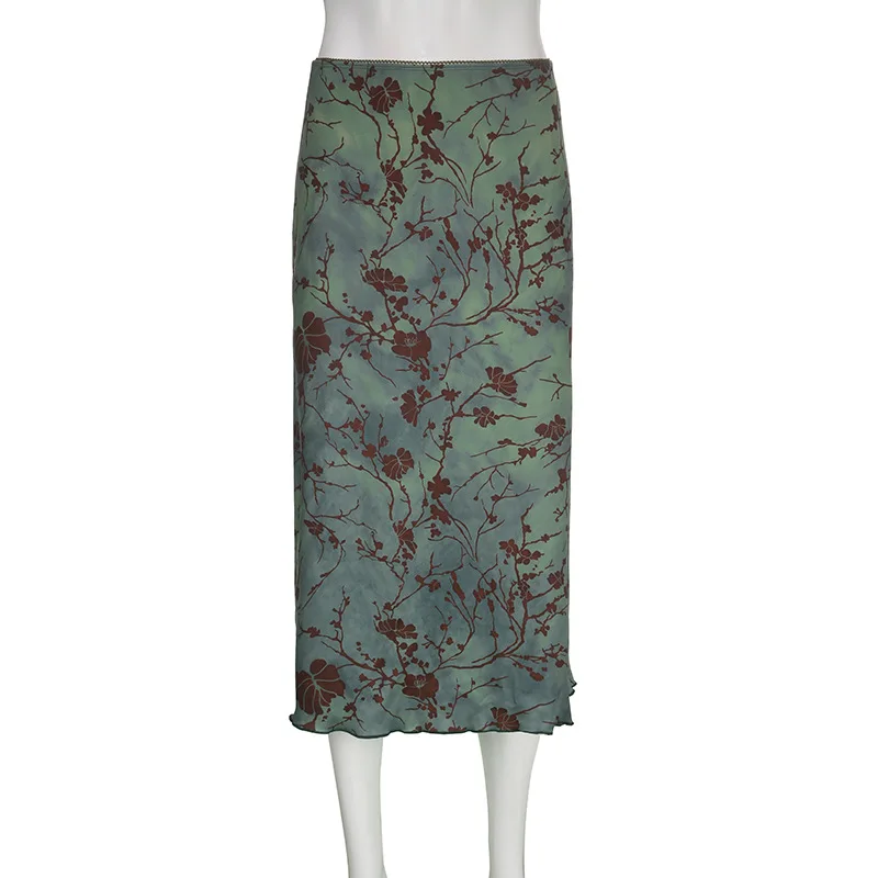 Y2K Vintage Midi-Röcke mit Blumenmuster für Damen, Harajuku Fairycore, grüner gerader Maxirock, ästhetische süße Mädchenkleidung – Detail 6