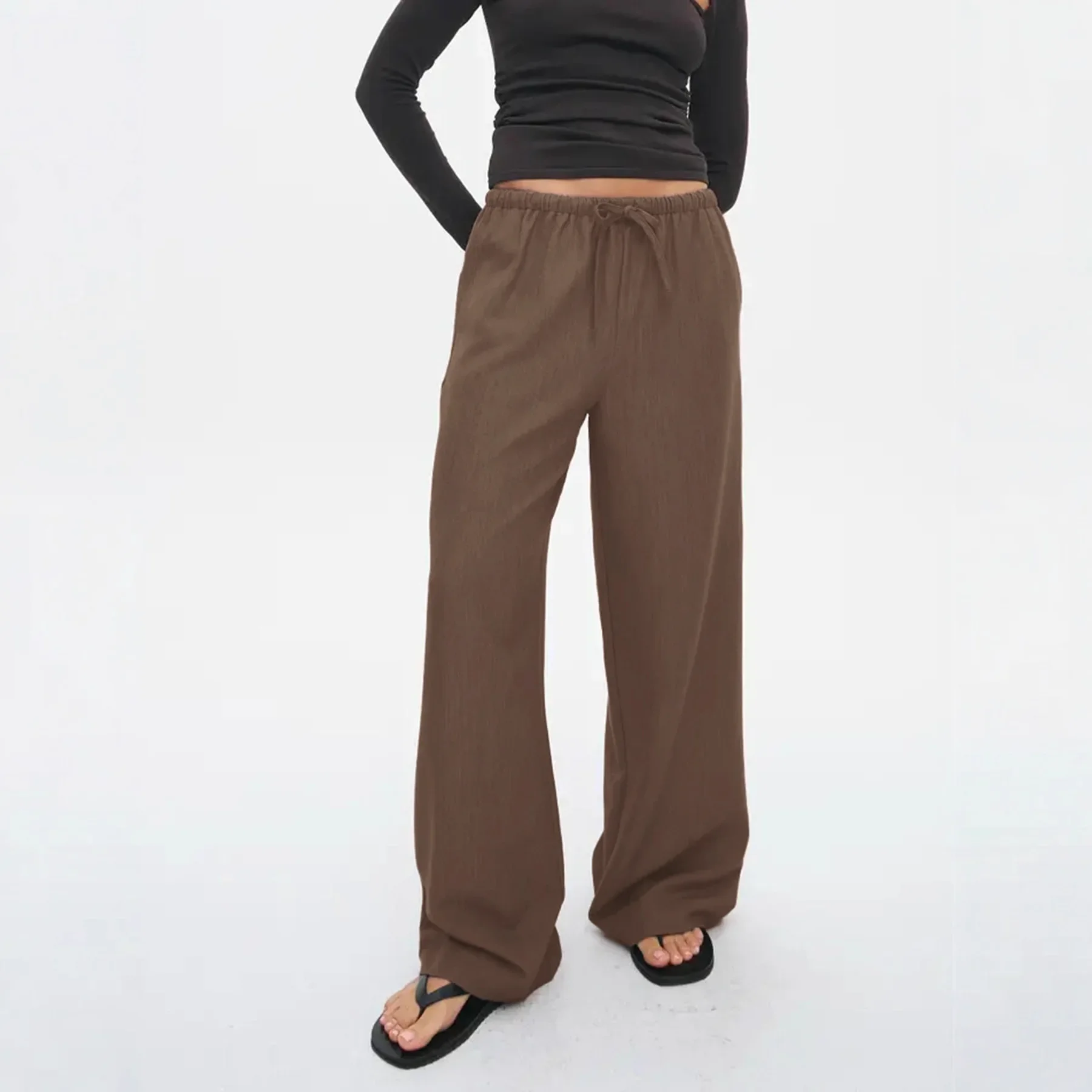 Solid Color Casual Versatile Elastic Waist Drawstring Straight Trousers Casual Pants for Women