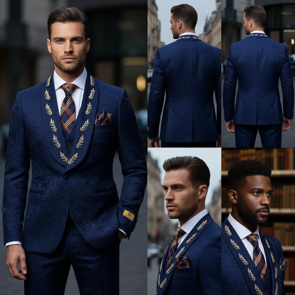 Men's 3-Piece Jacquard Suit – Groom's Wedding Tuxedo / Formal Navy Blue Blazer, Trousers Vest Jacket for Men