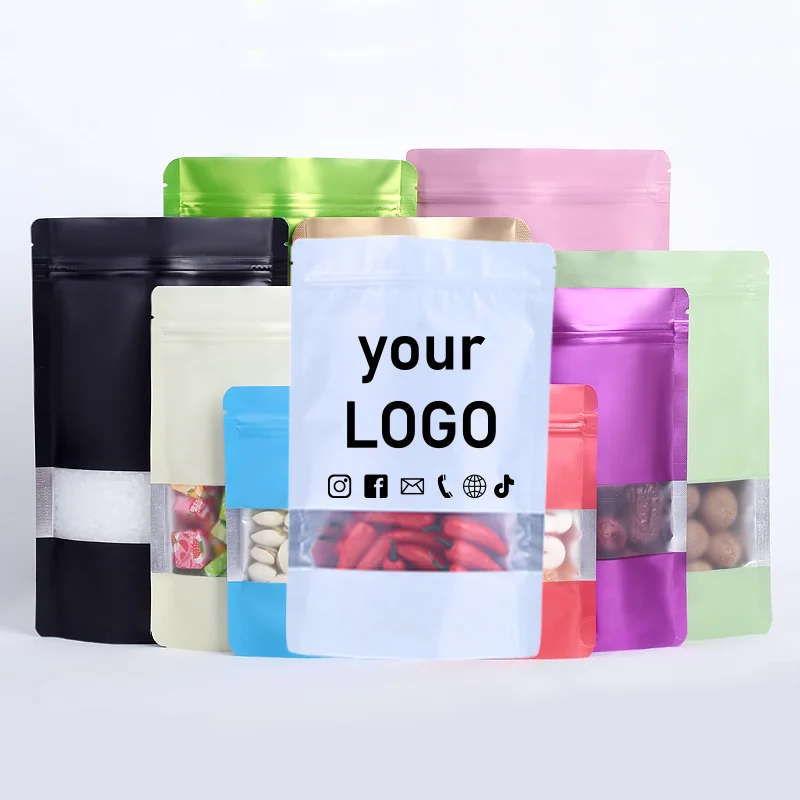 50 bolsas de papel de aluminio con cierre ziplock, bolsas selladas para comida de pie con ventana de exhibición, bolsas coloridas para embalaje de dulces, pueden imprimir logotipo