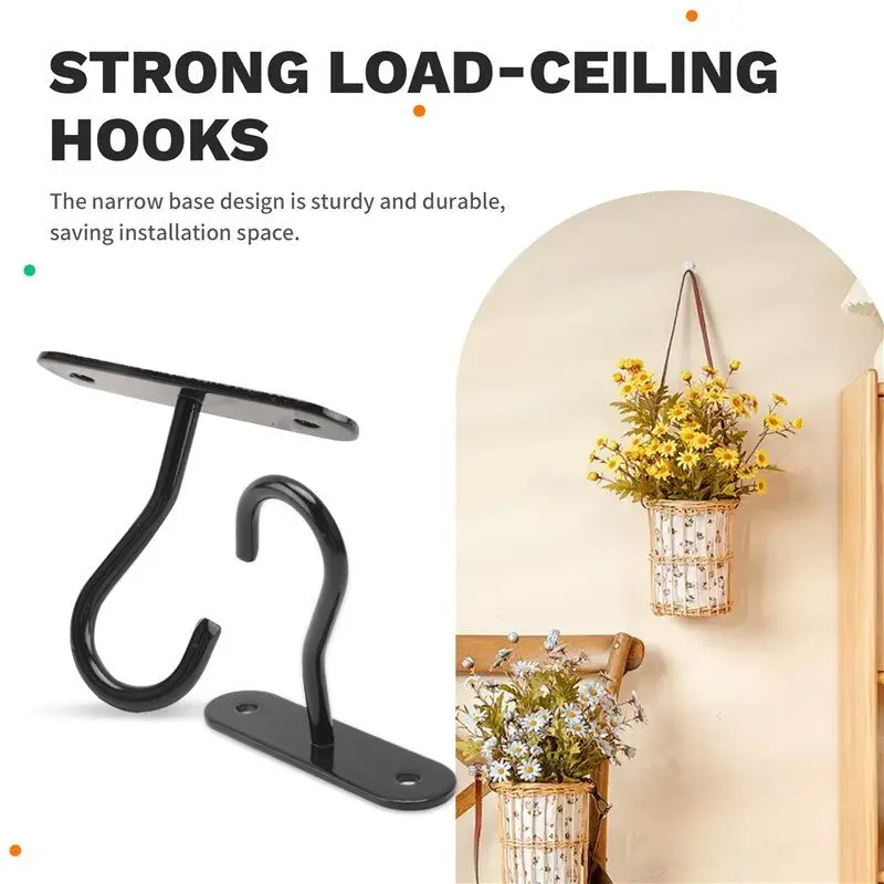 A36T-6 Piece Ceiling Hooks For Hanging Plant, Black Metal Hanger For Indoor And Outdoor Plant Pots Holder