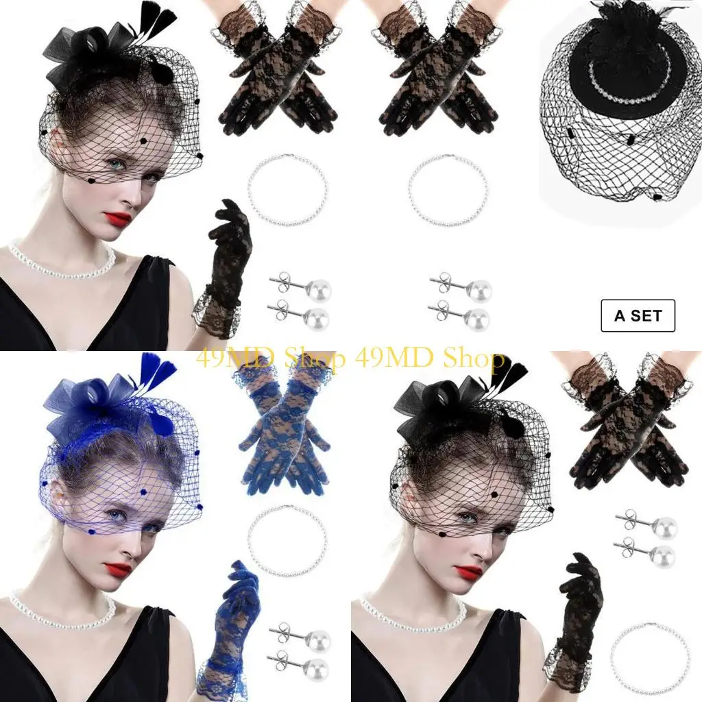

49MD Cocktails Party Feathered Fascinator Headpiece Costume Set for 1920s Theme Event