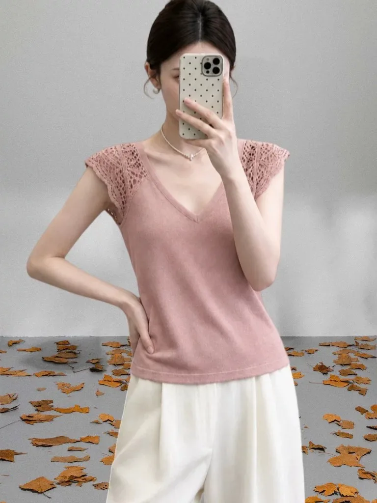 Pink V-Neck Splice Knitted Cover Sleeve T-Shirt Women Summer Thin Large Size Waist-Cinching Short Ice Silk Breathable Top