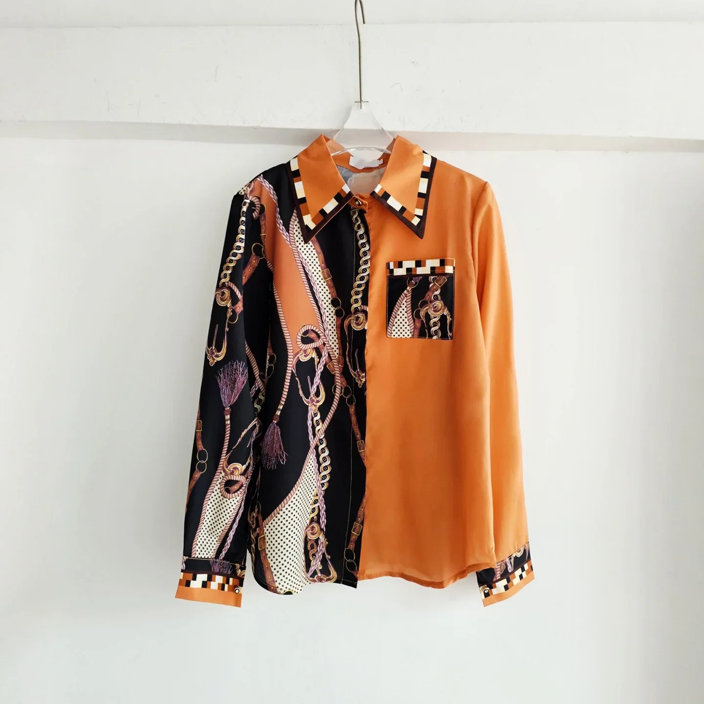 

Женская рубашка в французском стиле с длинным рукавом, атласная, с принтом, повседневная, дизайнерская, с отложным воротником, блузка, камиса