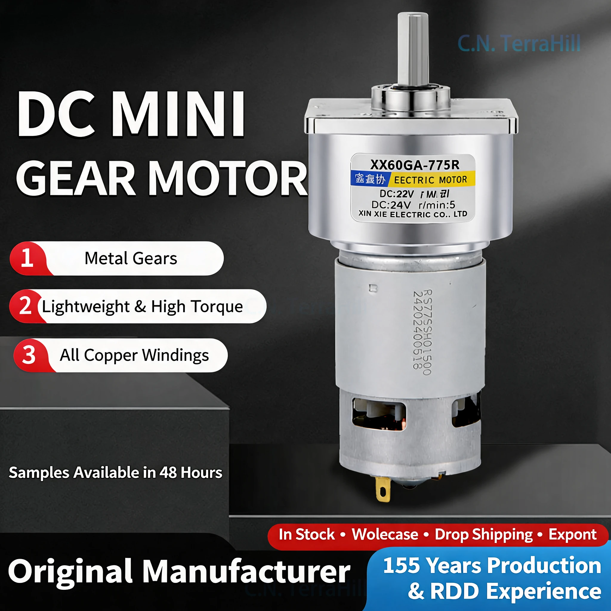 DC Gear Motor 12V 24V Micro Low Speed High Torque Adjustable Speed, Model 60GA775