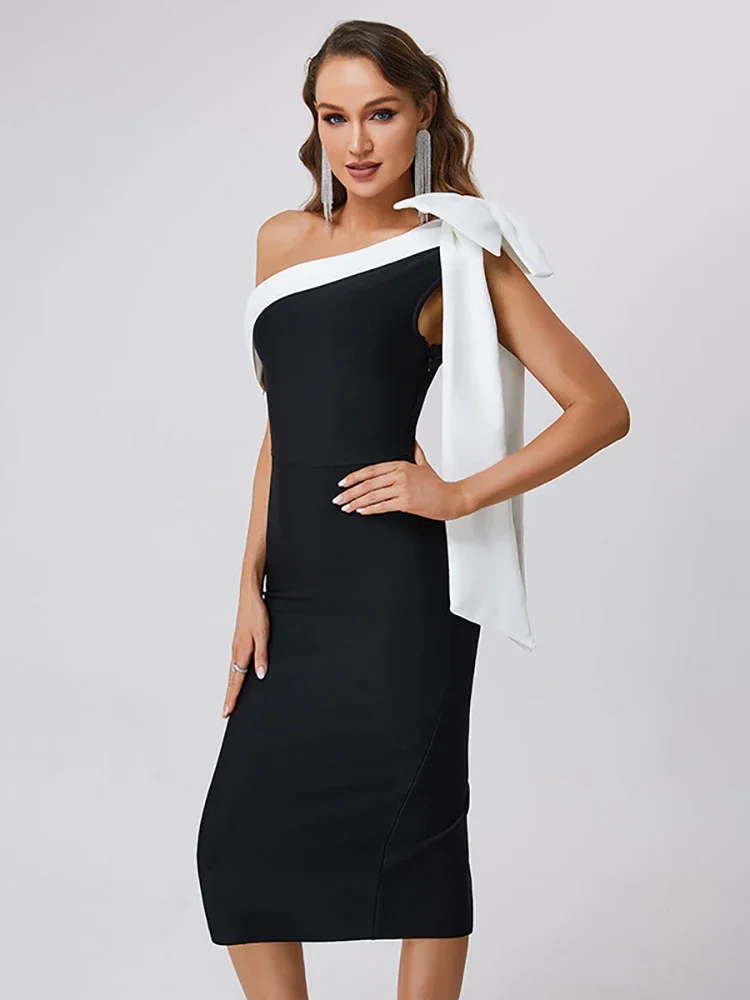 

Sexy Black White One Shoulder Bow Tie Midi Bandage Dress Women Diagonal Collar Bodycon Celebrity Cocktail Party Dress