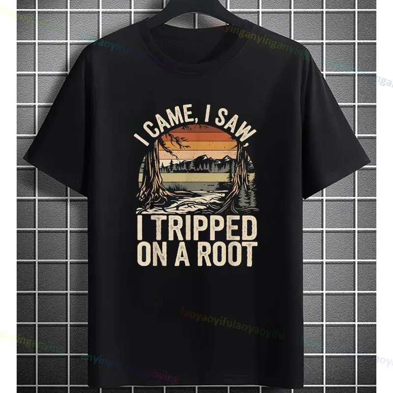 I Came Saw Tripped On A Root Retro Vintage Camping Hike T-Shirt Casual Short-sleev Pure Cotton Men's Tshirts Outdoor Clothing