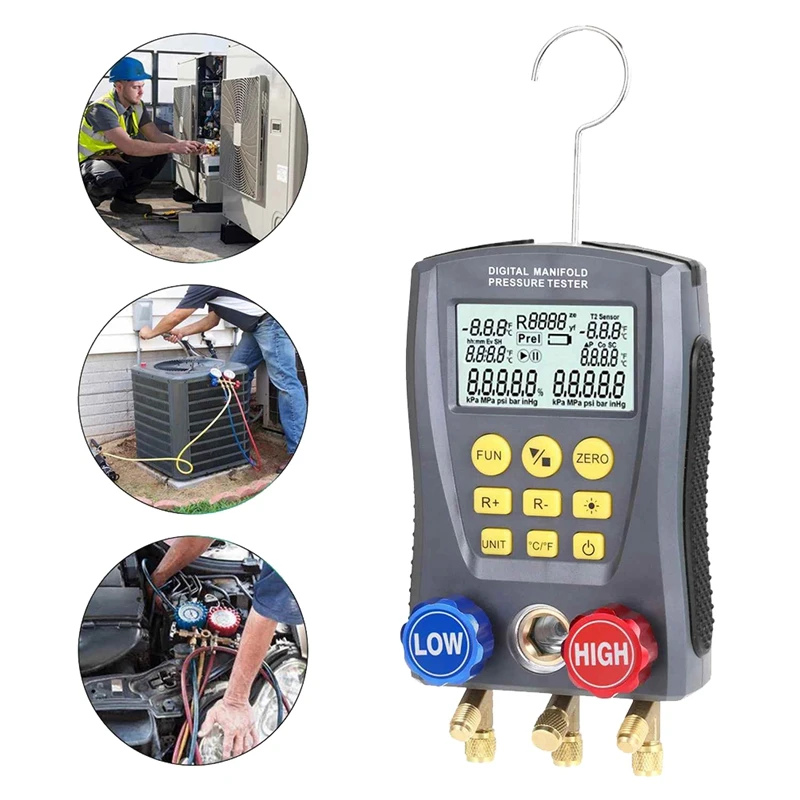 Pressure Gauge Refrigeration Digital Vacuum Pressure Manifold Tester Air Conditioning Temperature Tester Valves Tool Kit-FABY