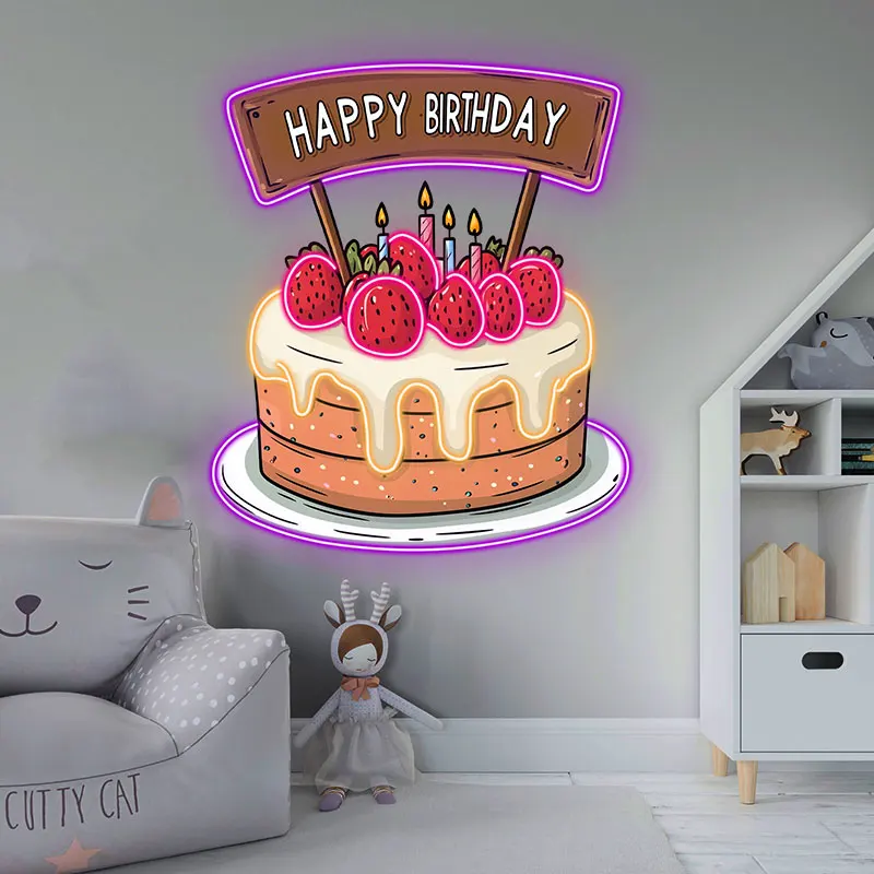 Creative Birthday Cake Neon Sign, Personalized Strawberry Cake Decoration for Kids Birthday, Wall Art Hanging for Birthday Party