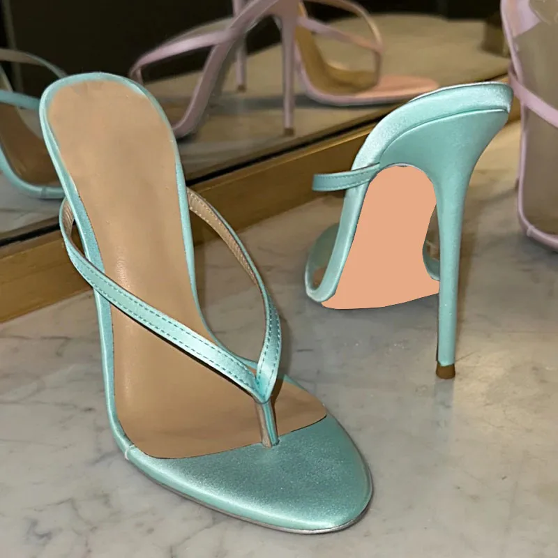 

Modern Clip Toe Women Slippers Green Yellow Pink Satin Cloth Round Toe Hollow Cover Heels Flip-flops Casual Shoes