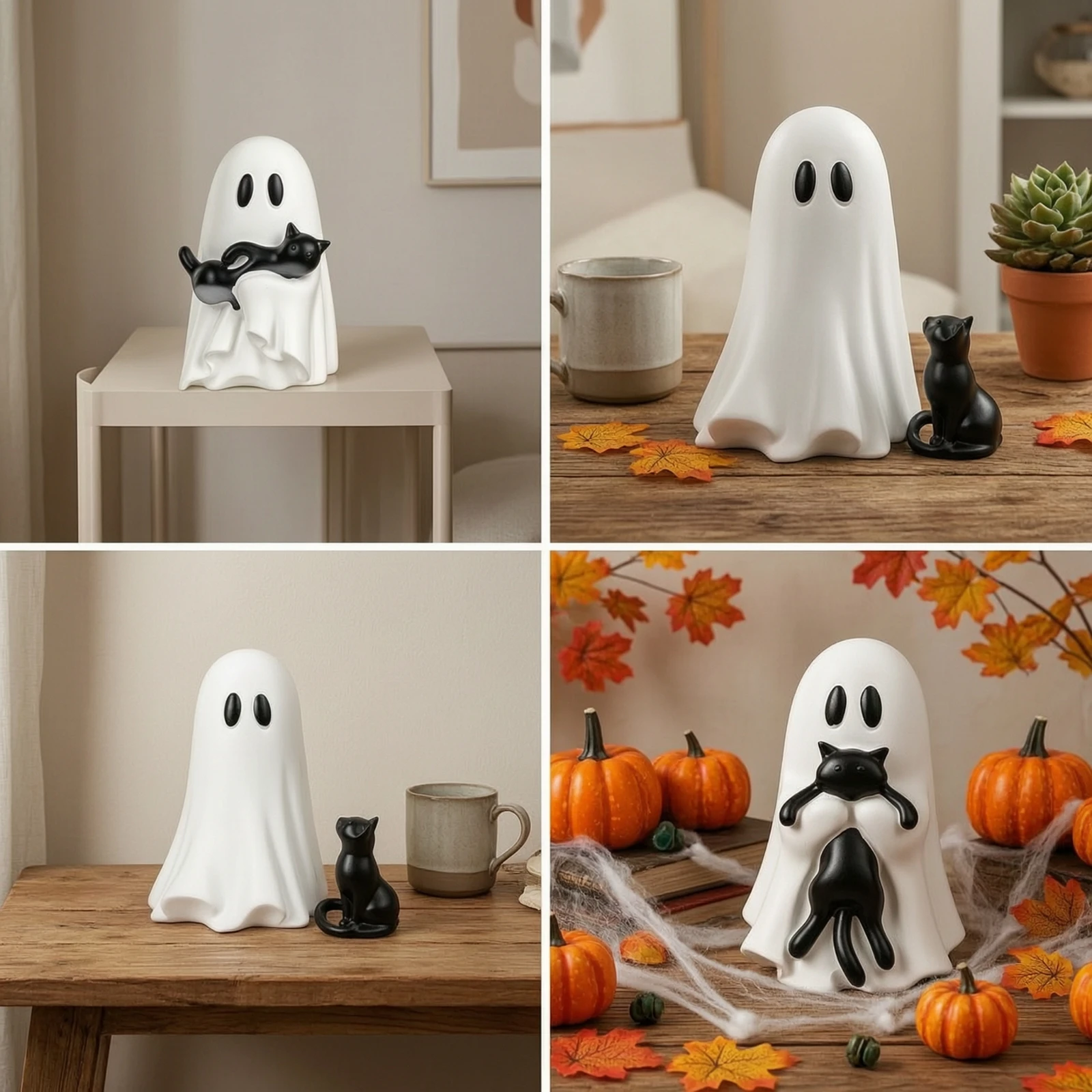 Ghost with Black Cat Festive Ghost Cat Figurine Decoration Spooky Decor Adorable for Shelf, Desk view 2
