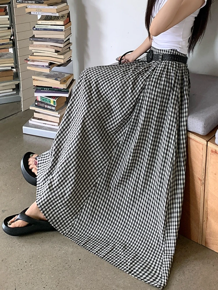 Midi Long Skirts Womens Maxi Skirt 2025 Spring Summer Black White Plaid Skirt Goth Vintage High Waist Ruffle Pleated Skirts rok