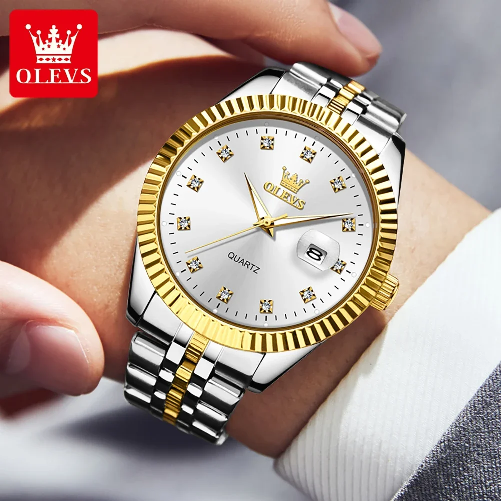 

OLEVS 5526 Quartz Waterproof Men Wristwatch, Fashion Stainless Steel Strap Luxury Diamond Watches For Men Luminous Calendar