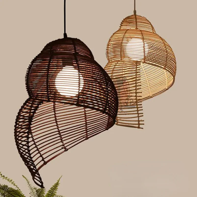 

Southeast Asia Bamboo Pendant Lamp Sea Snail Shape Wicker rattan lamp LED Lights home decor Fixtures Chinese Parlor Study Room