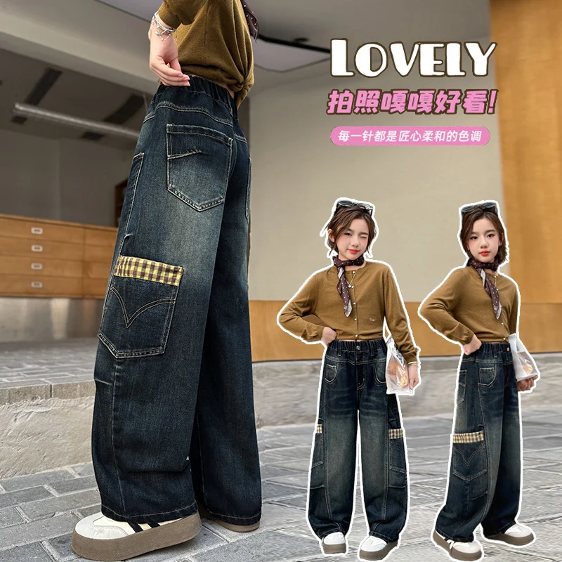 

Джинсовые комбинезоны в клетку для девочек, брюки с изогнутыми карманами для ножей, регулируемой талией, подходят для школы и игр осенью