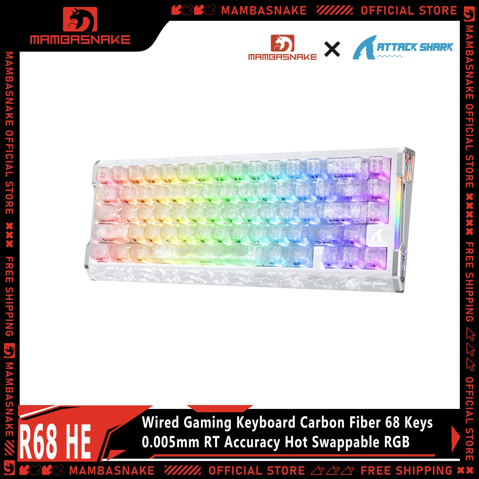 ATTACK SHARK R68 HE Carbon Fiber 8000Hz Rapid Trigger Keyboard, 0.005mm RT Accuracy 68 Keys Wired Gaming Keyboard with Magnetic