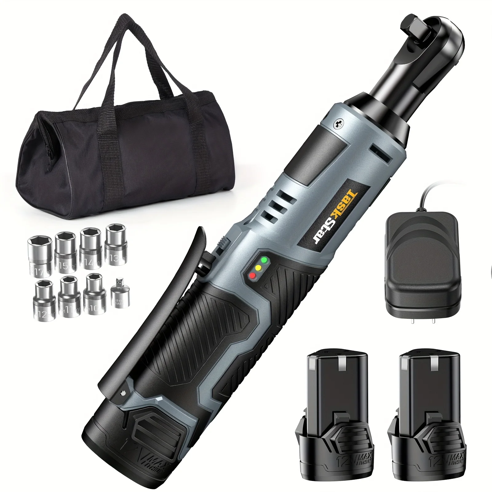 

Taskstar 3/8" 40N.M Electric Ratchet Wrench, 29.5Ft-Lbs Ratchet Wrench Set with 2X2.0Ah Batteries, 200RPM Compact Ratcheting Wrench with 7 Sockets for Ebikes, Garden Sheds, Motorcycles, And Home Projects