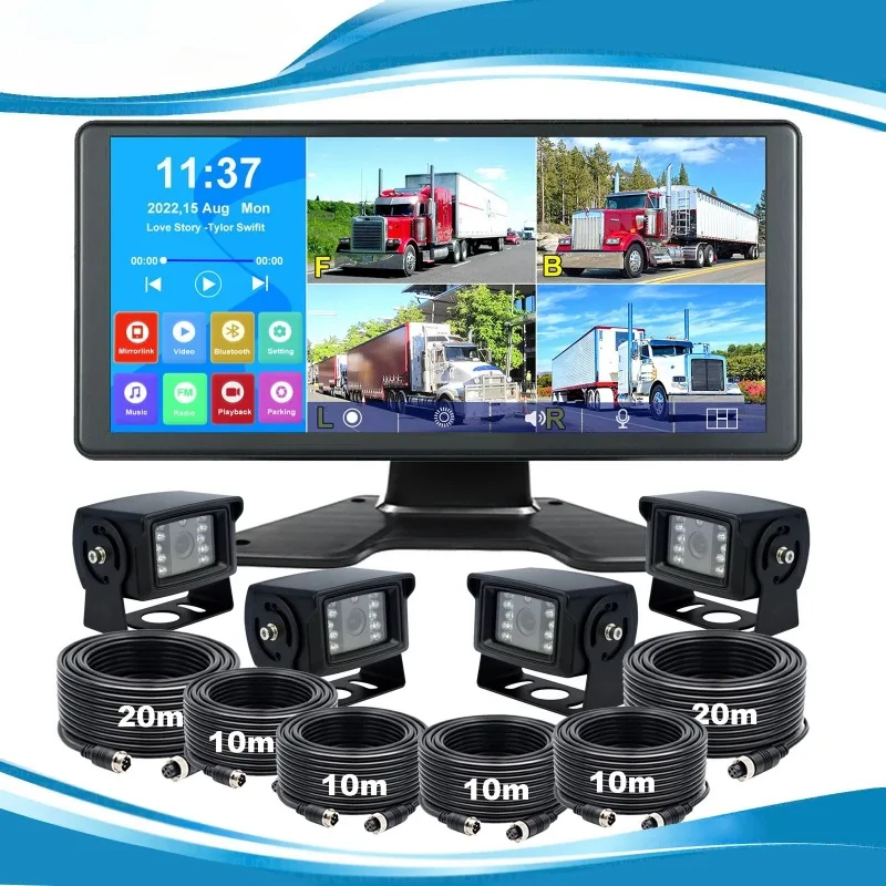 

10,36-дюймовый сенсорный экран, видеорегистратор Quad DVR, 4x 1080P, 4-контактный, для камеры заднего вида, для грузовиков, караванов, прицепов