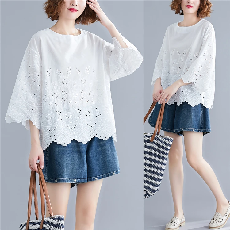 

Летняя тонкая хлопково-льняная свободная футболка с вышивкой, художественная женская футболка большого размера Fre Sle, круглая, пяти S...