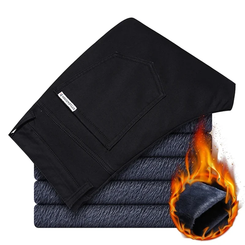 

Winter New Men's Warm Thick Casual Pants Business Fashion Black Blue Stretch Fleece Office Slim Trousers Male Brand