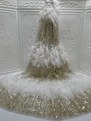 2023 New High Quality Luxury 3D Feather Lace Shiny Sequins Handmade Mesh Lace Tulle Fabric Swiss Bride Wedding Party Sewing