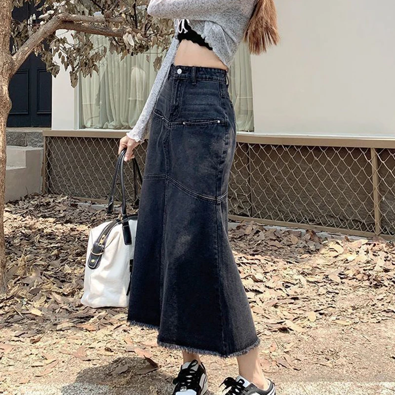 Vintage Frauen Denim Röcke Lose Beiläufige Hohe Taille Raw Kanten Quaste Midi Rock Koreanische Patchwork Taste Elegante Meerjungfrau Röcke