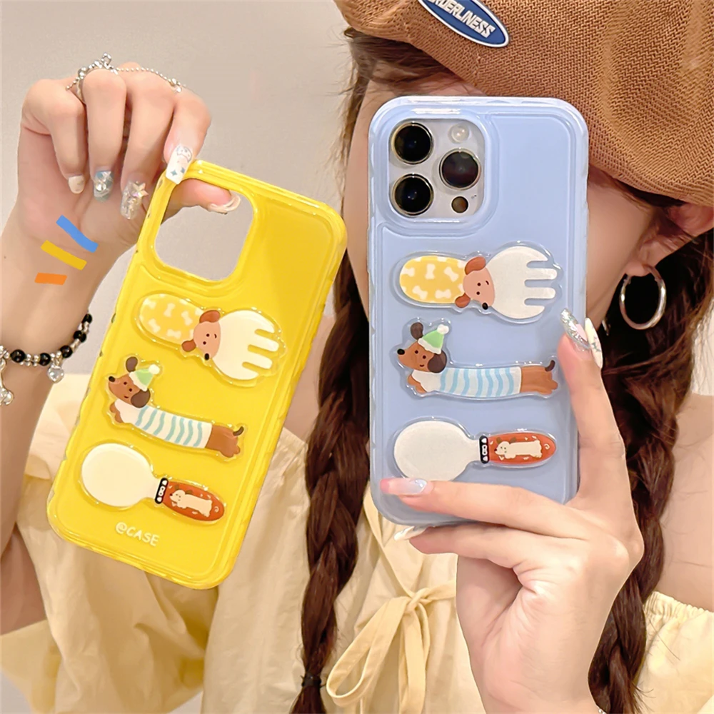 INS Cute Cartoon Dachshund Puppy Knife and Fork Hard Phone Case For iPhone 15 14 13 12 Pro Max Kawaii Shockproof Bumper Cover