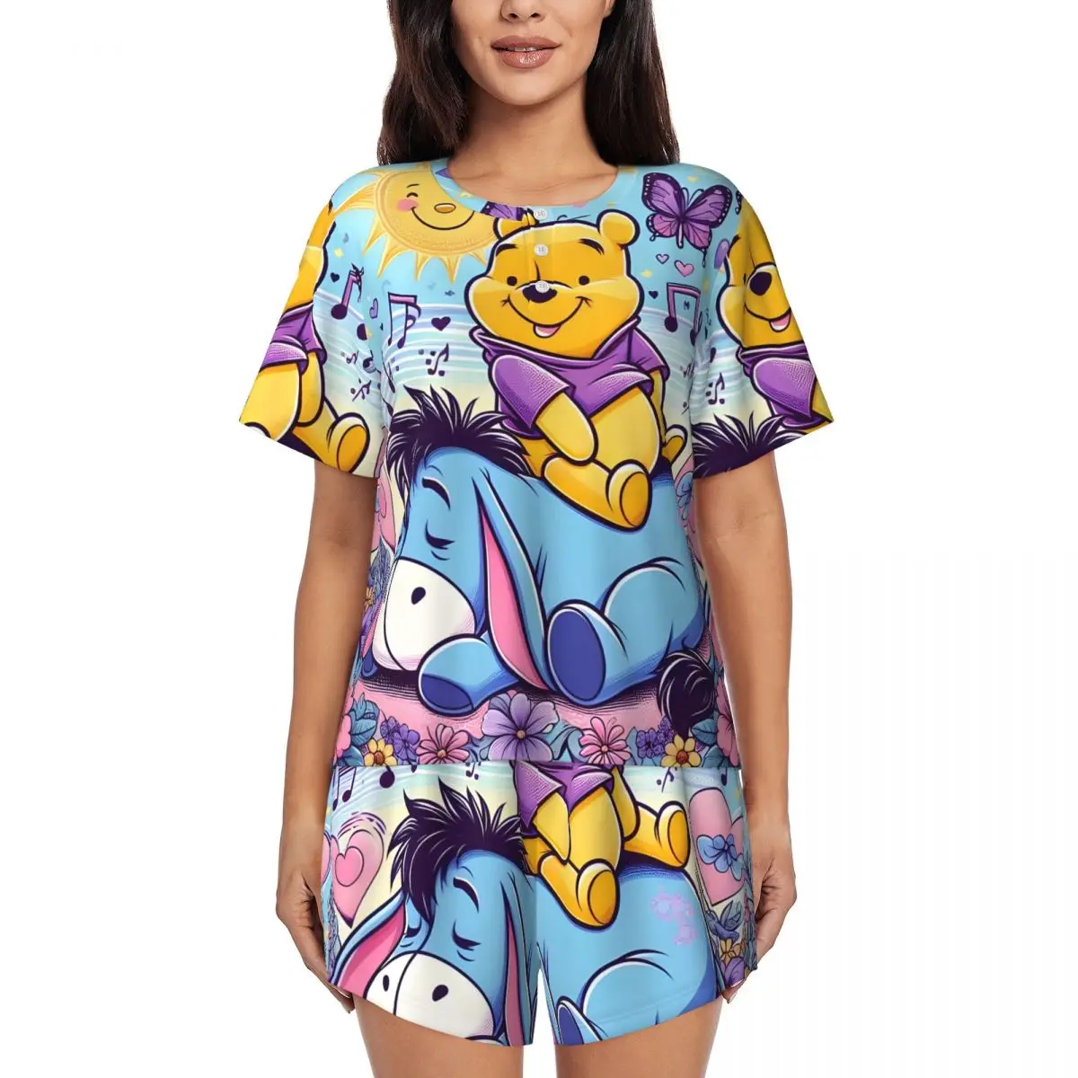 

Custom Winnie The Pooh Pajama Sets Womens 2 Piece Short Sleeve Pjs Shorts Sleepwear
