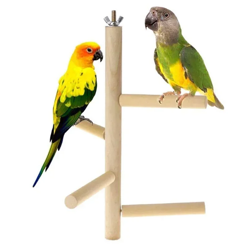 4-Tier Natural Wood Parrot Playstand Rotating Ladder Swing Toy Bird Cage Accessories For Parakeets Small Birds
