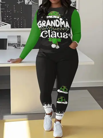 Plus Size Women's Casual Suit, Fashionable Printed Christmas Element Two-Piece Set