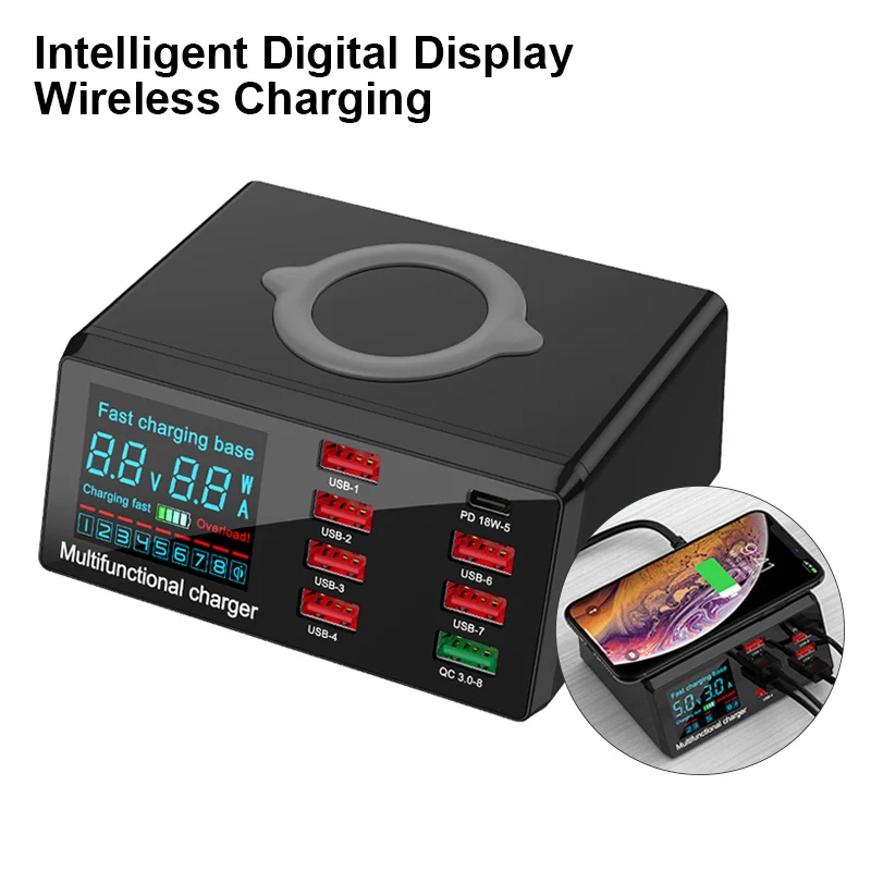 

X9 Intelligent Digital Display Wireless Charging USB Charger Station QC3.0 PD3.0 Quick Charge Heat Dissipation Charger