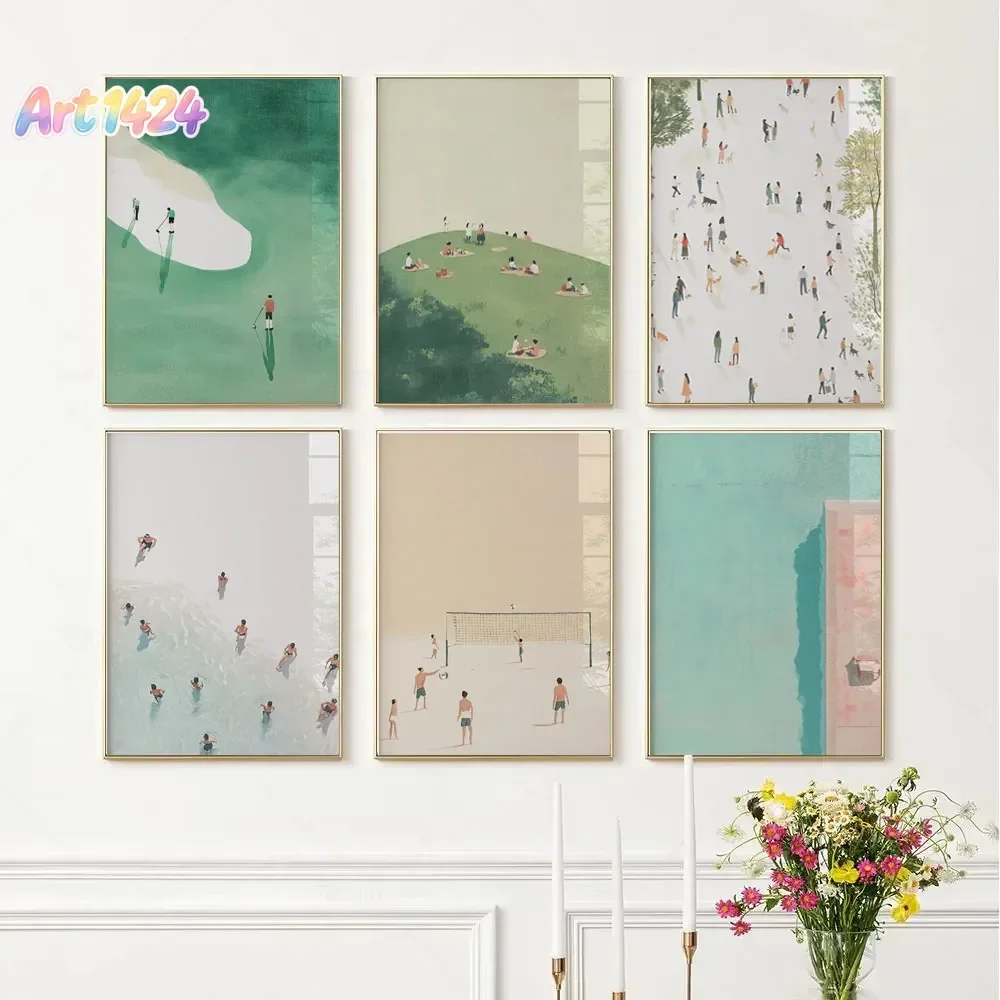 Minimalist Outdoor Sports Poster, Light Summer Green Leisure Scene, Suitable for Beach House, Home Living Room Decoration