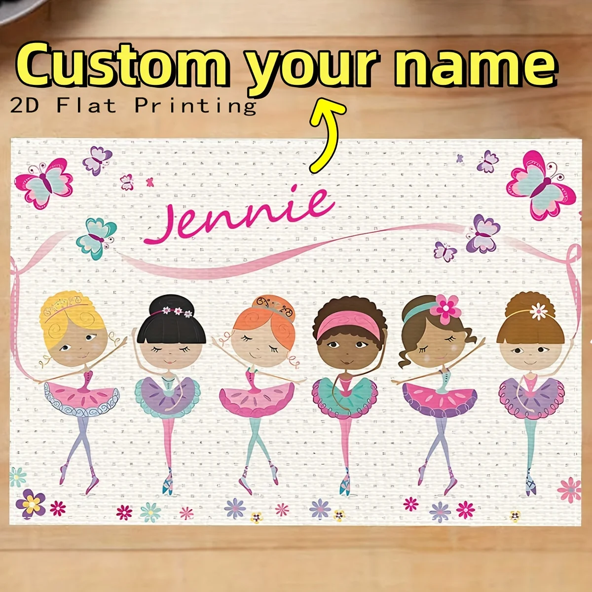 1 Fashionable Pink Girl Ballet Personalized Name Custom Placemats, Linen Material Suitable for Restaurant Living Room