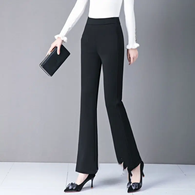 Vintage Striped Pockets Ankle-length Pants Elastic Waist Lattice Flare Pants Slim Three-dimensional Decoration Metal Belt Cotton