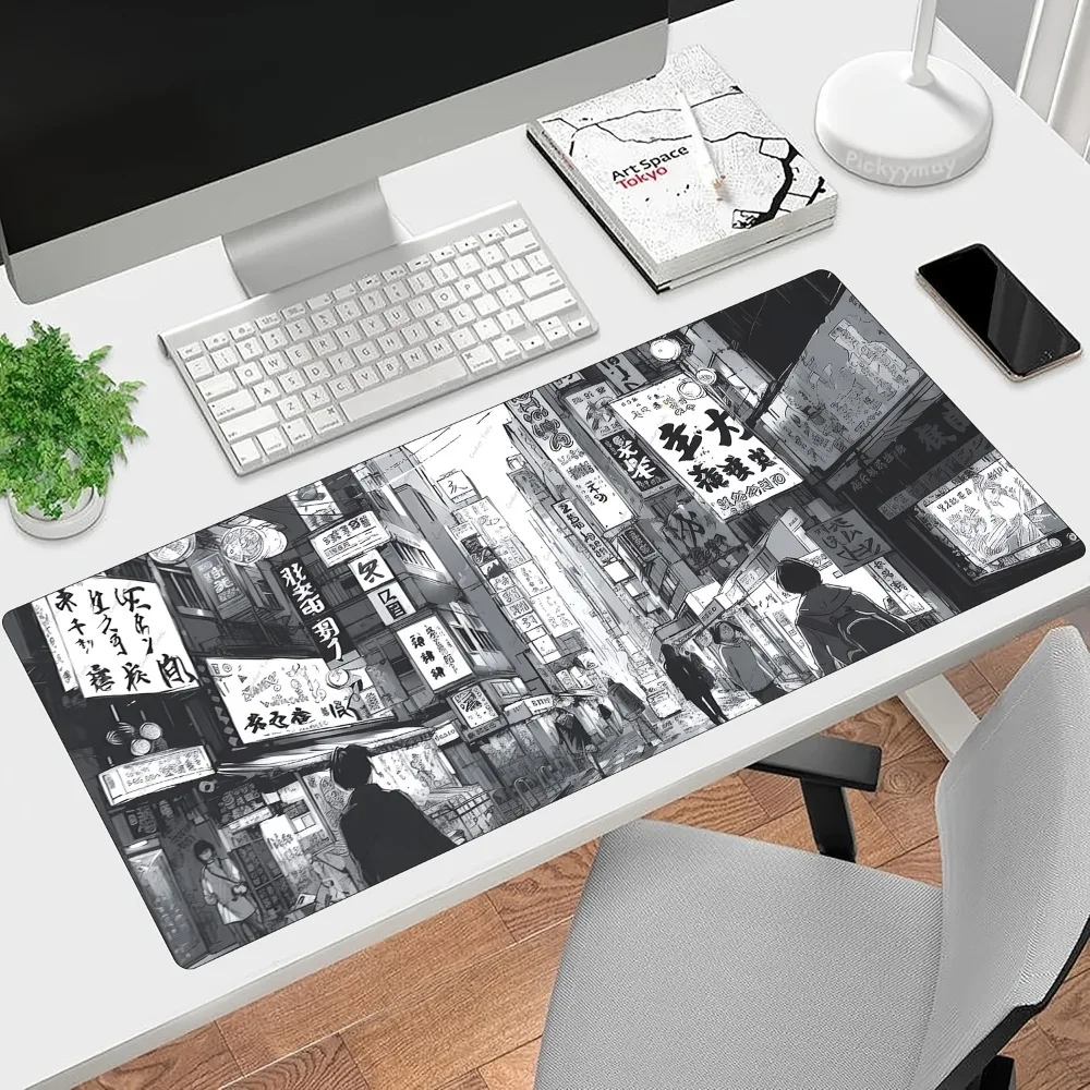 Japanese Anime Black-and-White City Street Scene Large Mouse Pad & Keyboard Pad - Super Smooth Surface Decoração Setup gamer