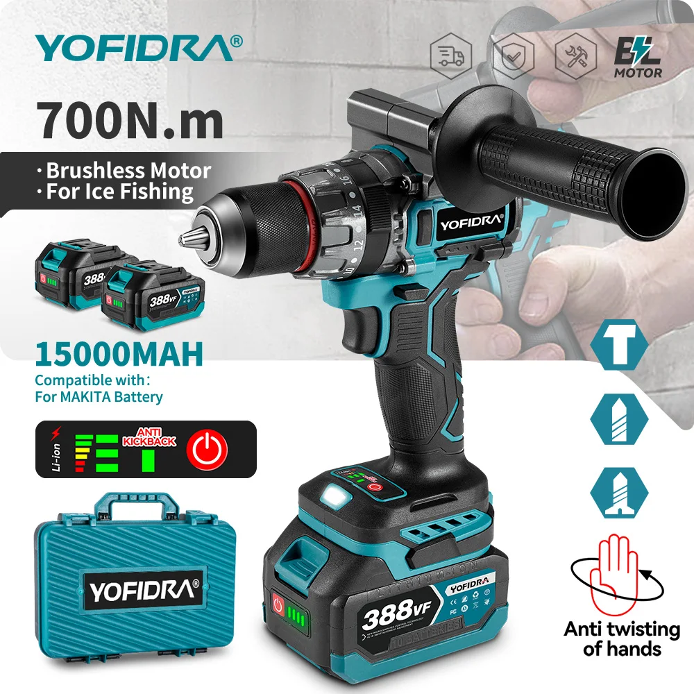 YOFIDRA 700N.m Brushless Electric Impact Drill 20+3 Torque Electric Screwdriver Hammer Drill Power Tools For Makita 18V Battery