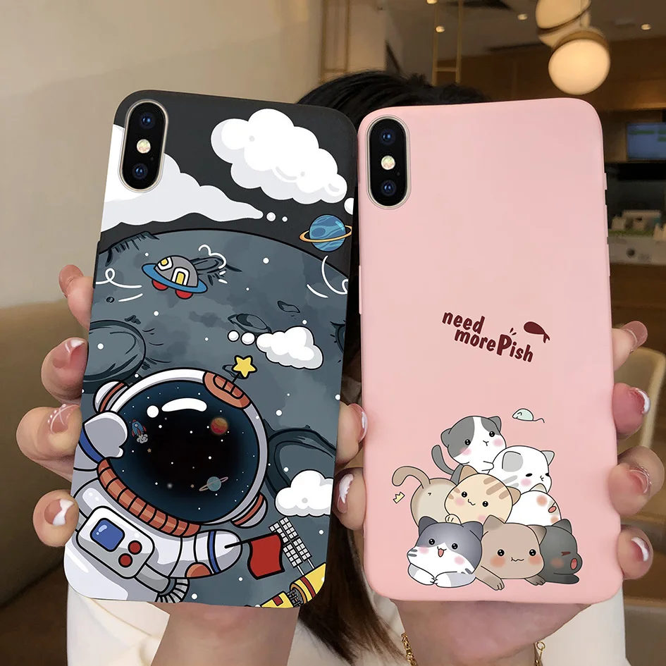 For iPhone X XR XS Max Case Fashion Cute Bear Cartoon Cactus Bear Cat Matte Silicone Case Back Cover For iPhoneX R Xr Xs Fundas